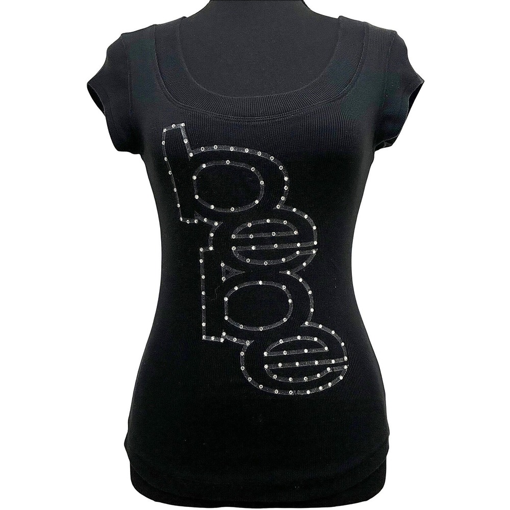 Vintage Bebe‎ Y2K Rhinestone Logo Top Ribbed Shirt Black XS S M USA Made McBling